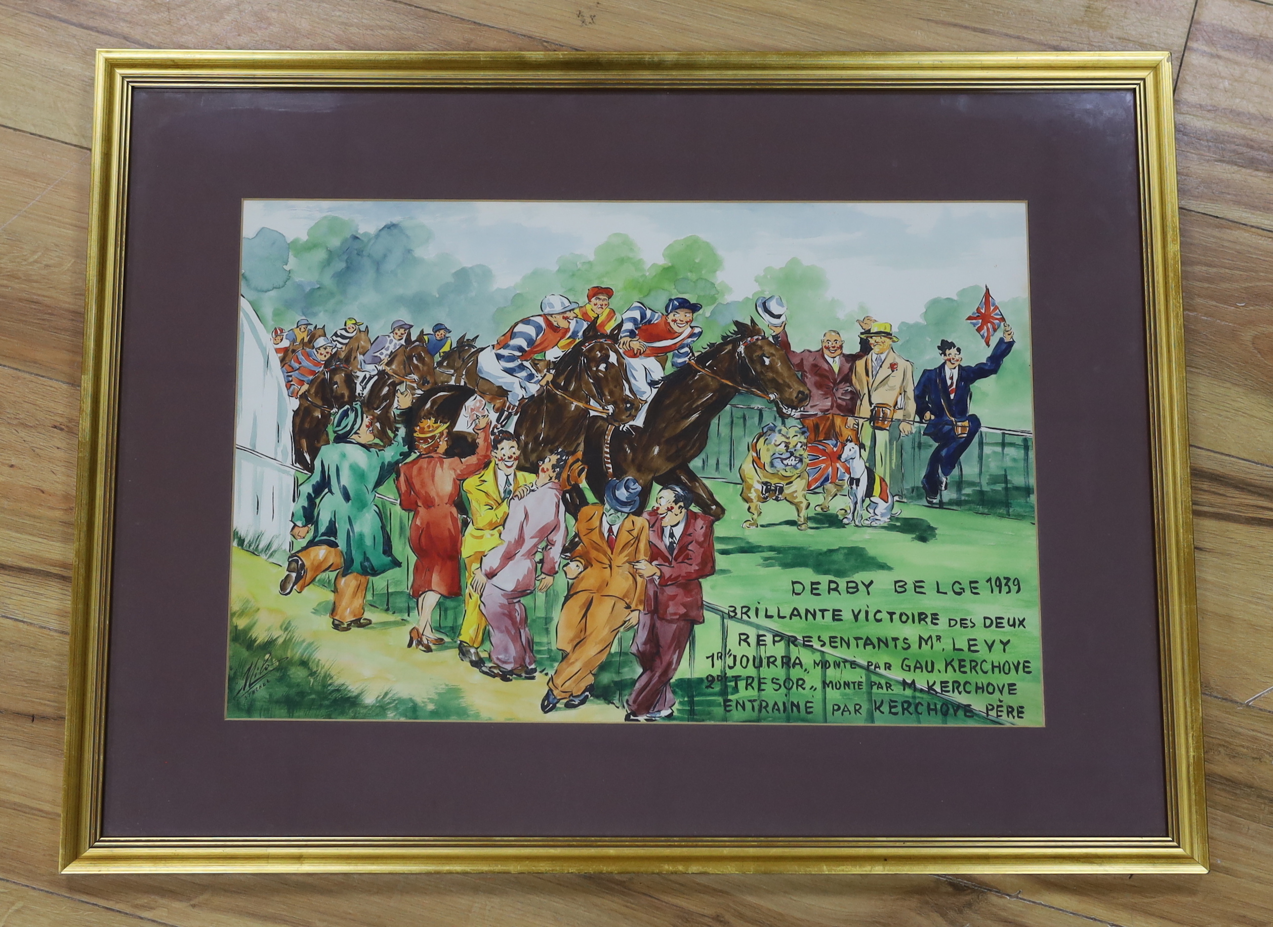 Milo Stuckel, watercolour, The 1939 Belgian Derby, signed and inscribed, 52 x 35cm